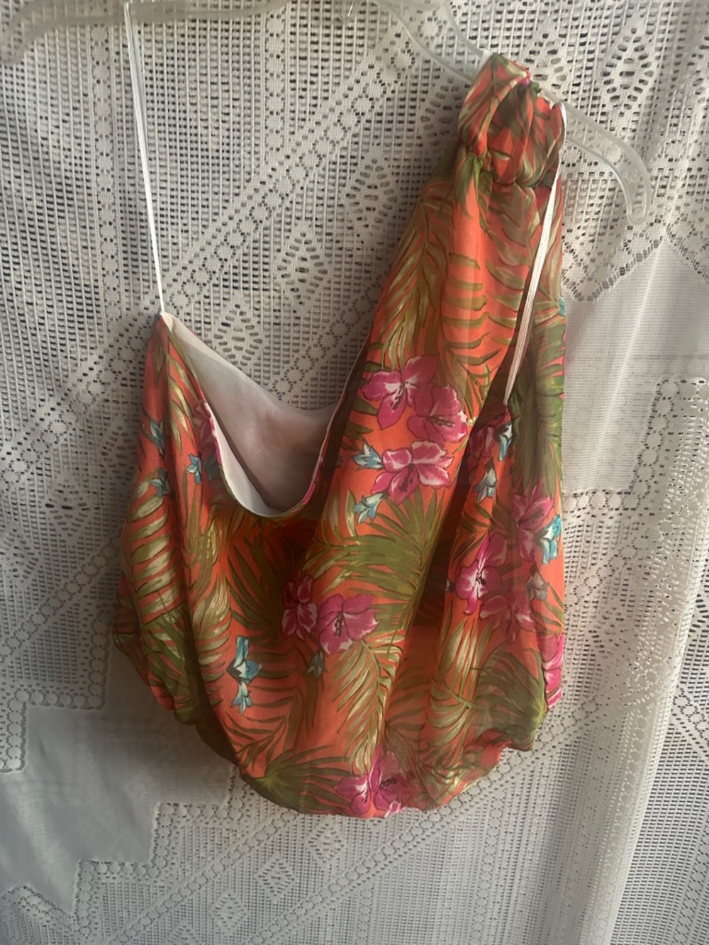 Versona Floral Spaghetti-Strap Crop Top in Orange and Pink
